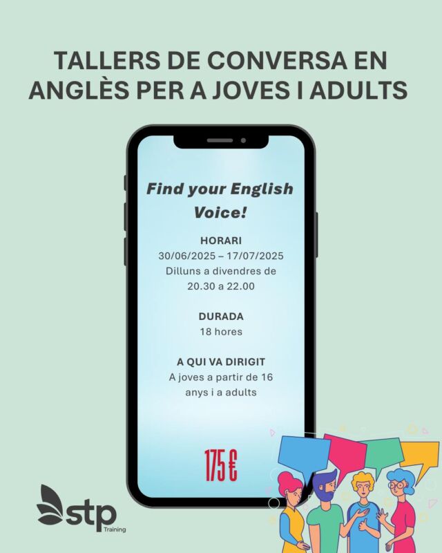 🗣️ Find your English Voice! 🗣️

📚 Tallers de Conversa en Anglès per a Joves i Adults 📚 

🔹 Millora fluïdesa, pronunciació i entonació. 🔹
 Activitats engrescadores i situacions quotidianes. 
🔹 Presentacions, debats, jocs i competicions.

#TallersDeConversa #Anglès #CursosIntensius #Idiomes #Estiu2025