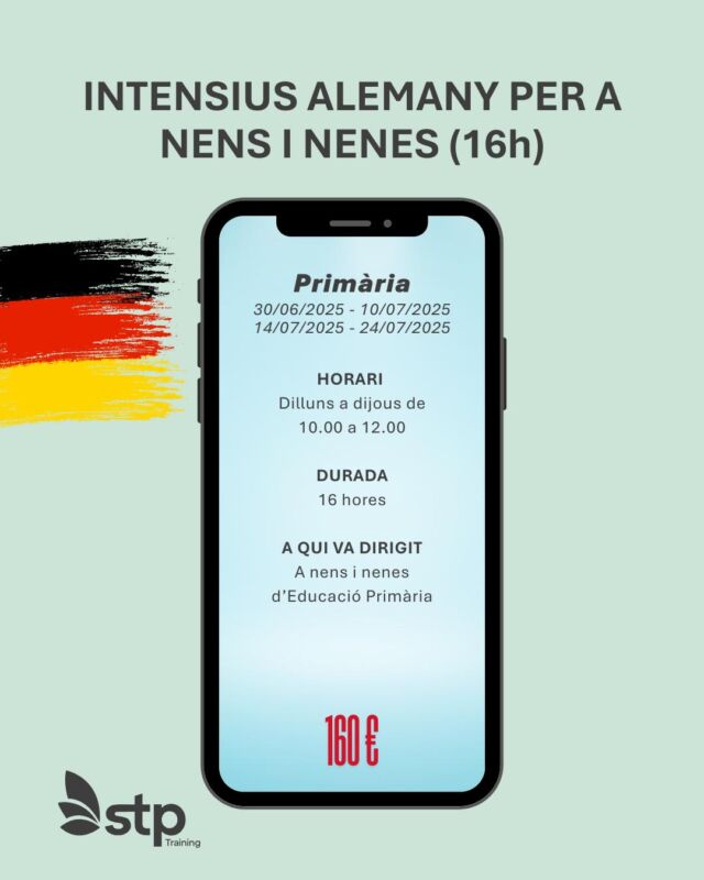 🌟 Aprofita l’estiu per a fer un pas endavant! 🌟

📚 Cursos Intensius d'Alemany per a Nens i Nenes (16h) 📚 

🔹 Introducció i pràctica de la llengua alemanya. 
🔹 Entorn distès i sense pressió acadèmica. 
🔹 Activitats basades en temes interessants.

#AlemanyPerNens #CursosIntensius #Idiomes #Estiu2025