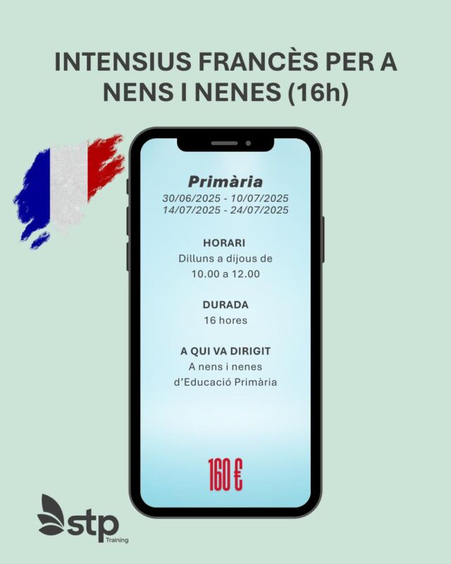 🌟 Aprofita l’estiu per a fer un pas endavant! 🌟
📚 Cursos Intensius de Francès per a Nens i Nenes (16h) 📚 

🔹 Introducció i pràctica de la llengua francesa. 
🔹 Entorn distès i sense pressió acadèmica. 
🔹 Activitats basades en temes interessants.

#FrancèsPerNens #CursosIntensius #Idiomes #Estiu2025